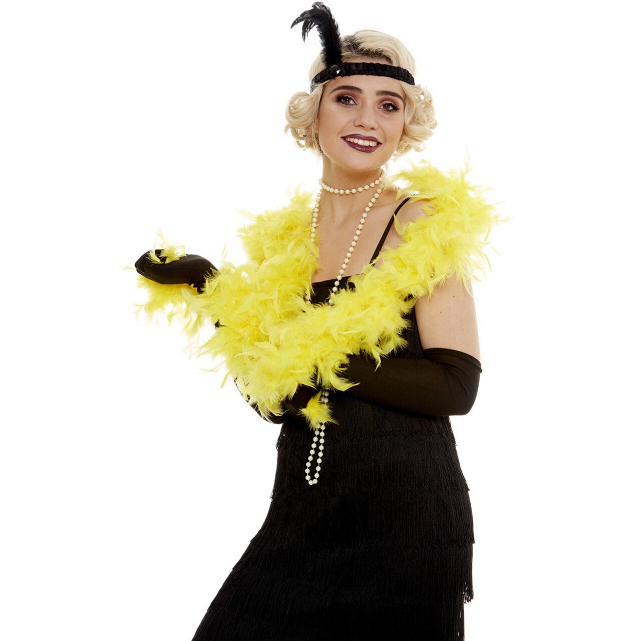 Op deze afbeelding zie je een Accessoires, van het merk Funidelia. Gele Veren Boa Jaren 20 180 Centimeter