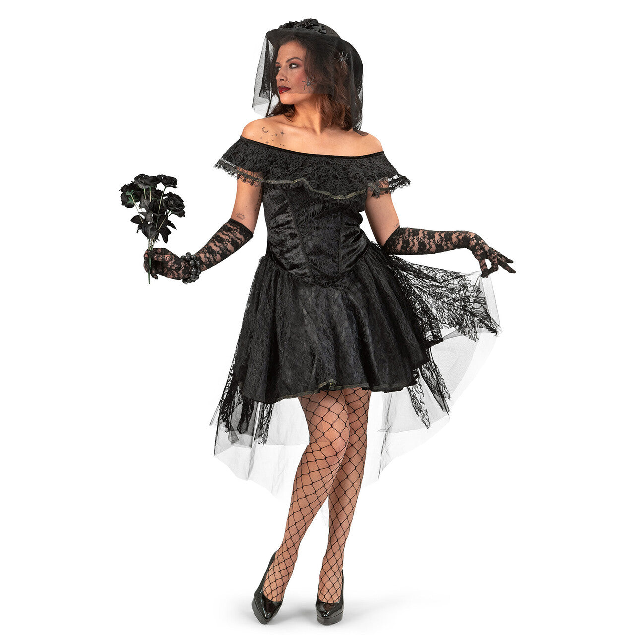 Op deze afbeelding zie je een Kostuums, van het merk Funny Fashion. Zwarte Bruid Weduwe Vrouw Kostuum