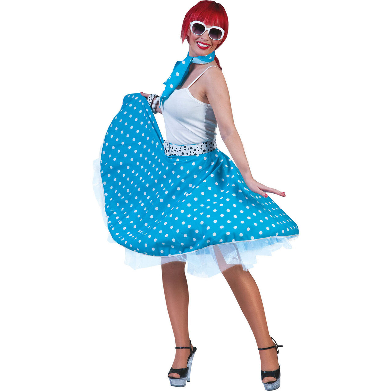 Op deze afbeelding zie je een Kostuums, van het merk Funny Fashion. Rock N Roll Rok Blauw-Wit Vrouw