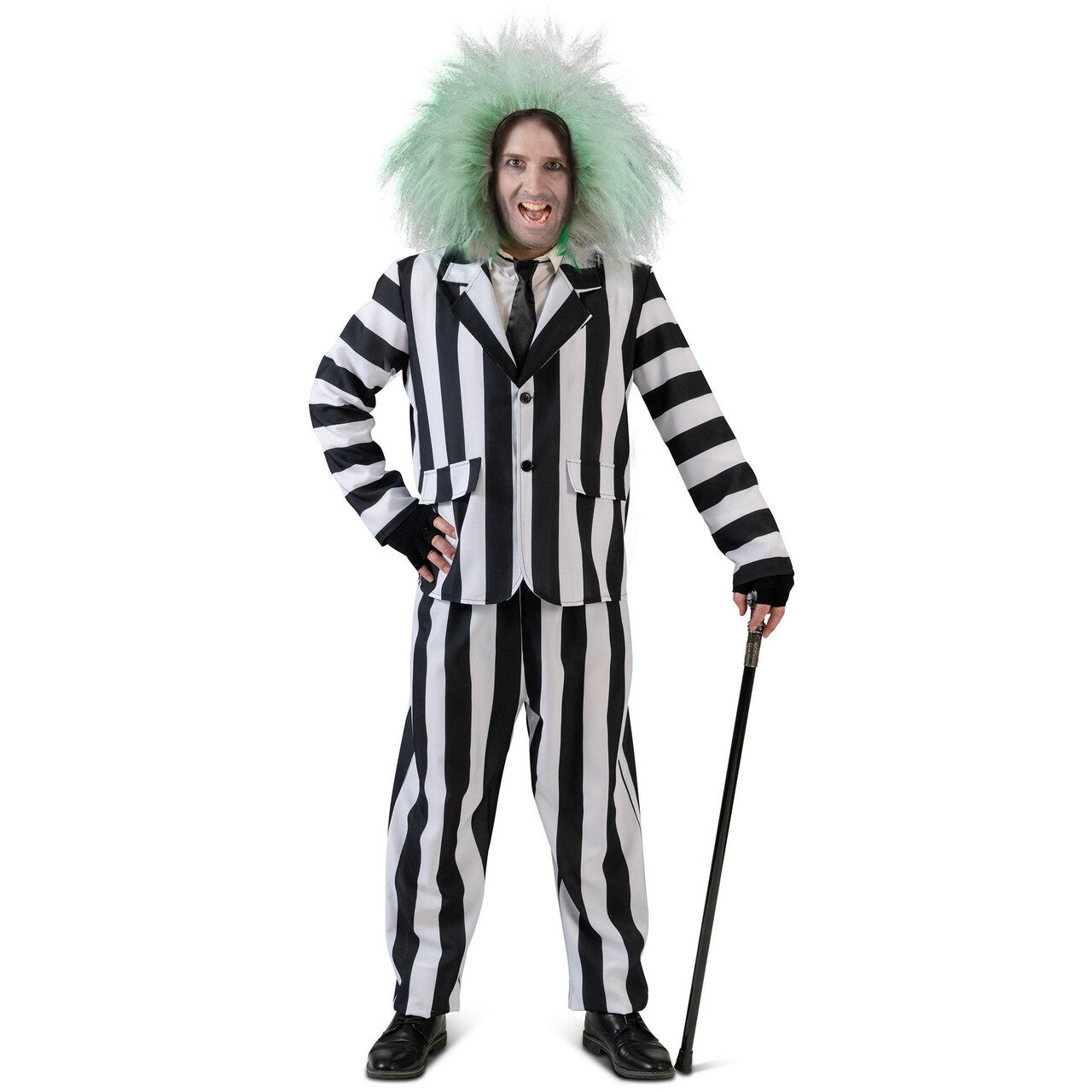 Op deze afbeelding zie je een Kostuums, van het merk Funny Fashion. Beetlejuice Gestreept Zwart Wit Man Kostuum