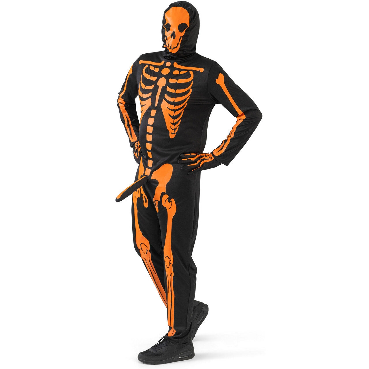 Op deze afbeelding zie je een Kostuums, van het merk Funny Fashion. Mr Boner Skeleton Oranje Man Kostuum