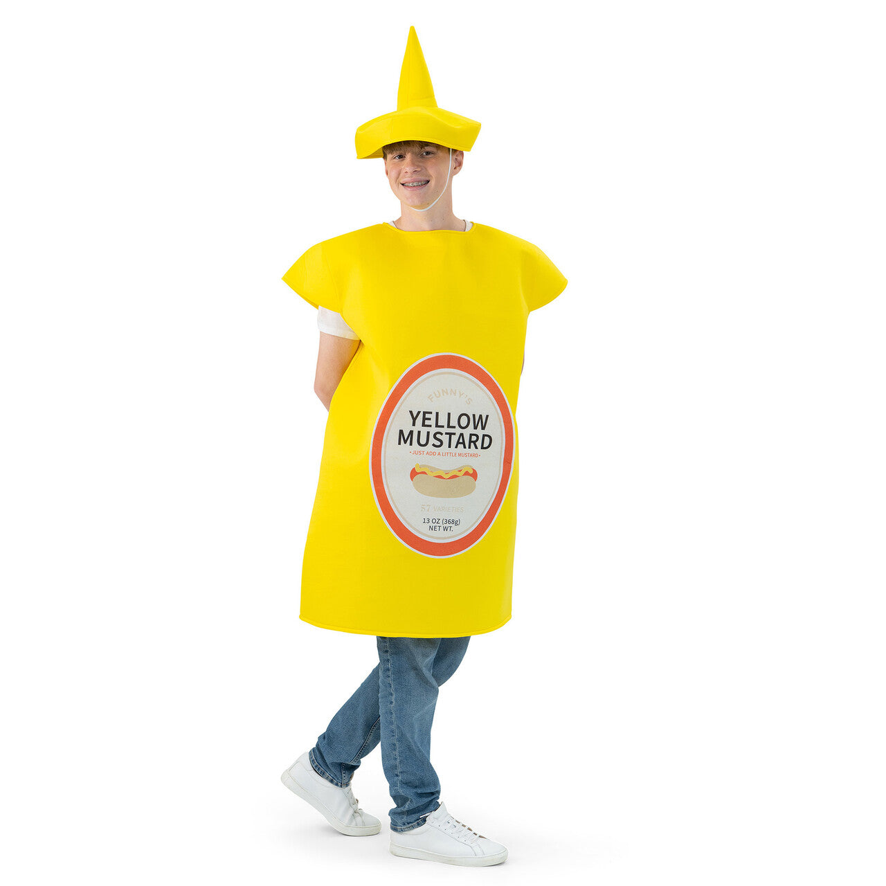 Op deze afbeelding zie je een Kostuums, van het merk Funny Fashion. Gele Mosterd Saus Kostuum