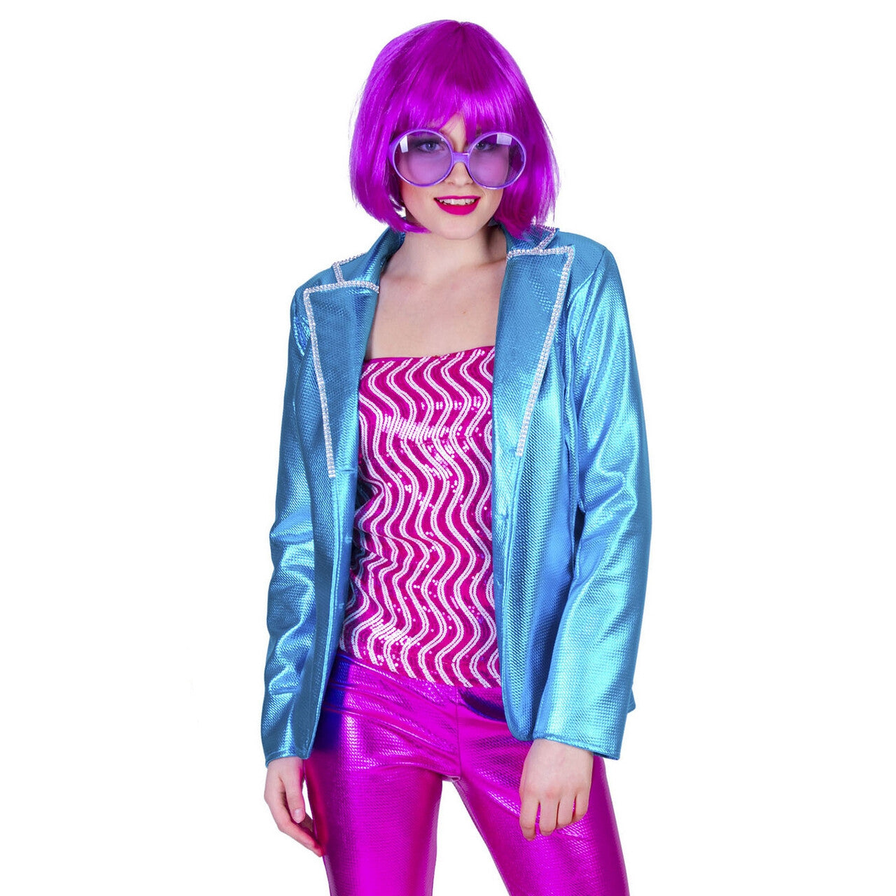 Op deze afbeelding zie je een Kostuums, van het merk Funny Fashion. Disco Fever Jack Glimmend Blauw Vrouw