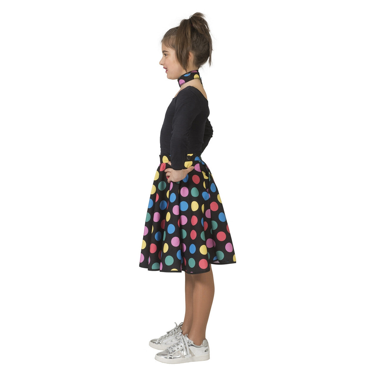 Op deze afbeelding zie je een Kostuums, van het merk Funny Fashion. Hotty Dotty Talloze Gekleurde Stippen Rock And Roll Clown Meisje