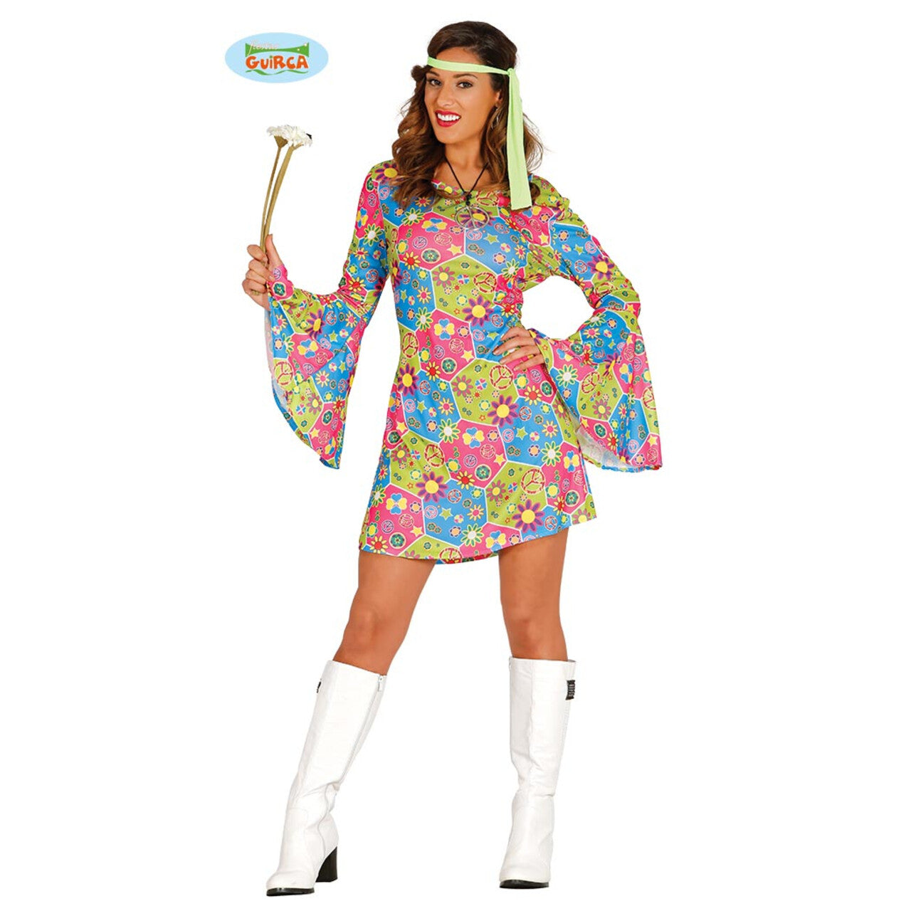 Op deze afbeelding zie je een Kostuums, van het merk Guirca. Lovely Love Flower Power Vrouw Kostuum