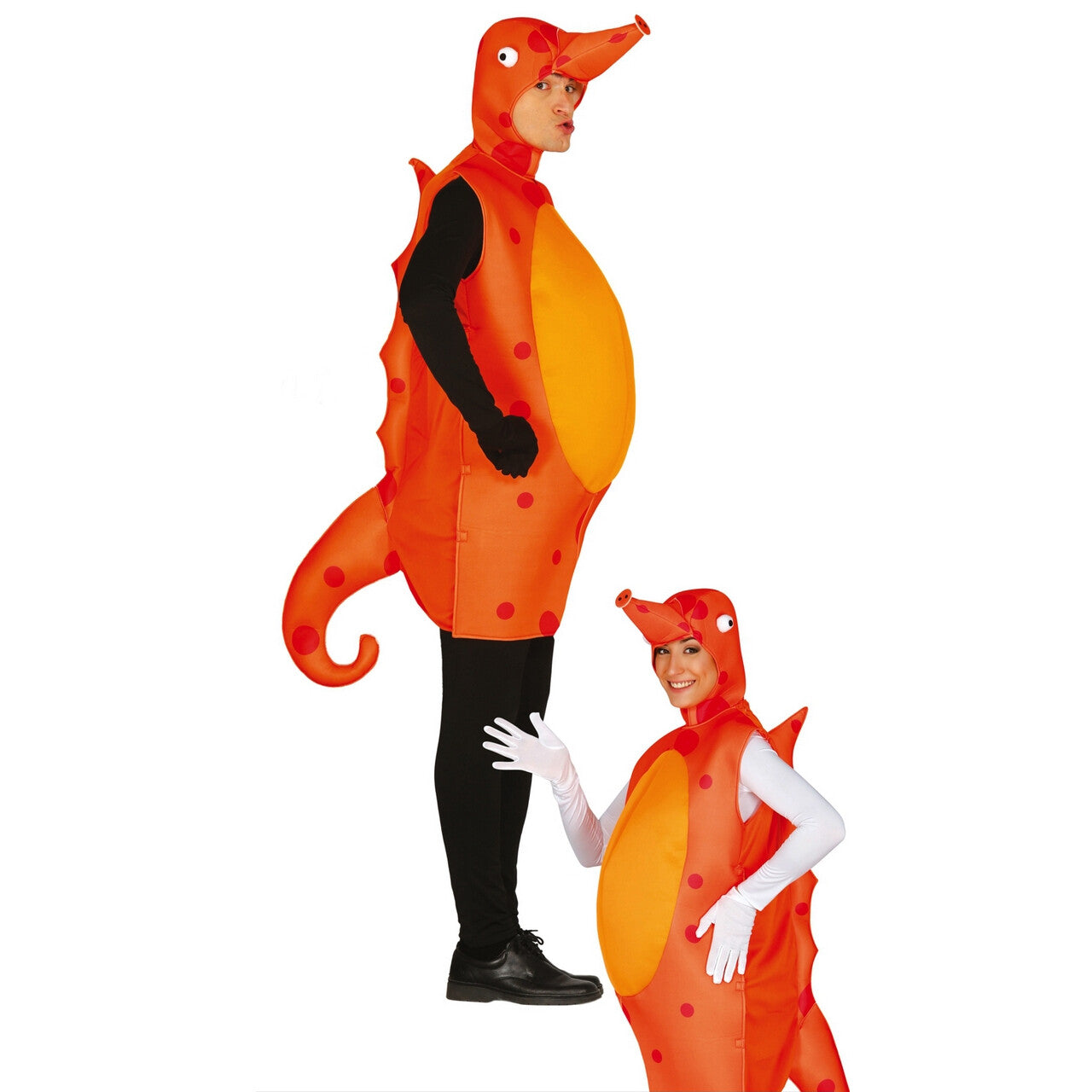 Op deze afbeelding zie je een Kostuums, van het merk Guirca. Knaloranje Zeepaardje Kostuum