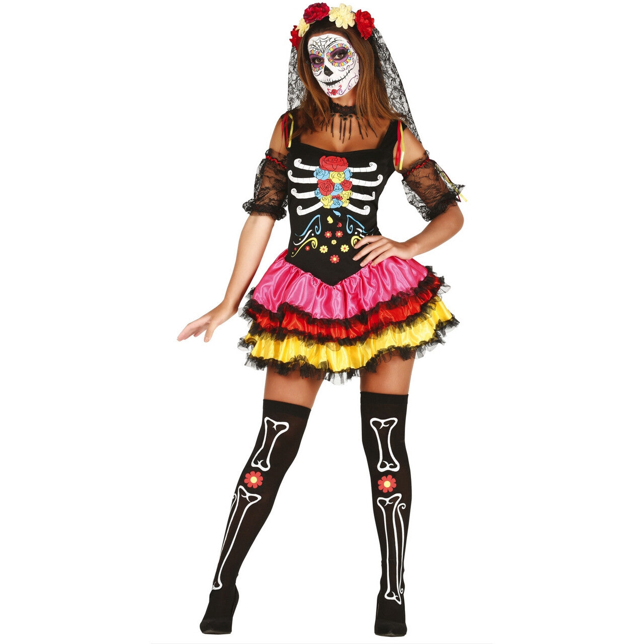 Op deze afbeelding zie je een Kostuums, van het merk Guirca. Fleurige Day Of The Dead Dame Vrouw Kostuum