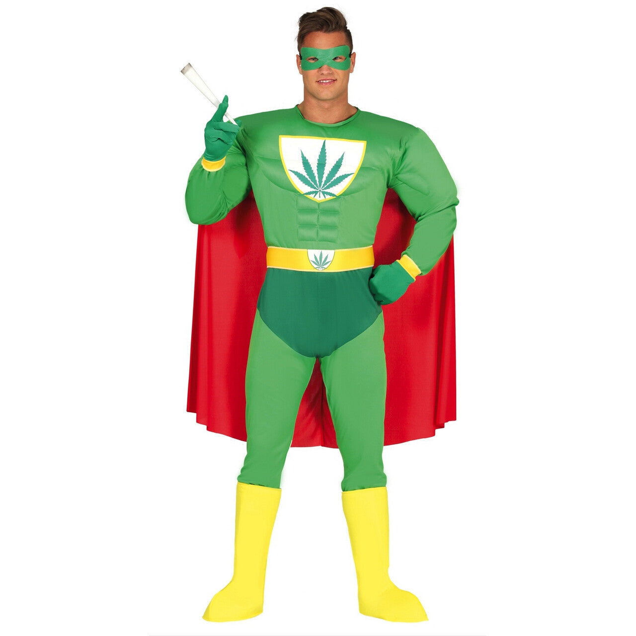 Op deze afbeelding zie je een Kostuums, van het merk Guirca. Marihuana Superheld Man Kostuum