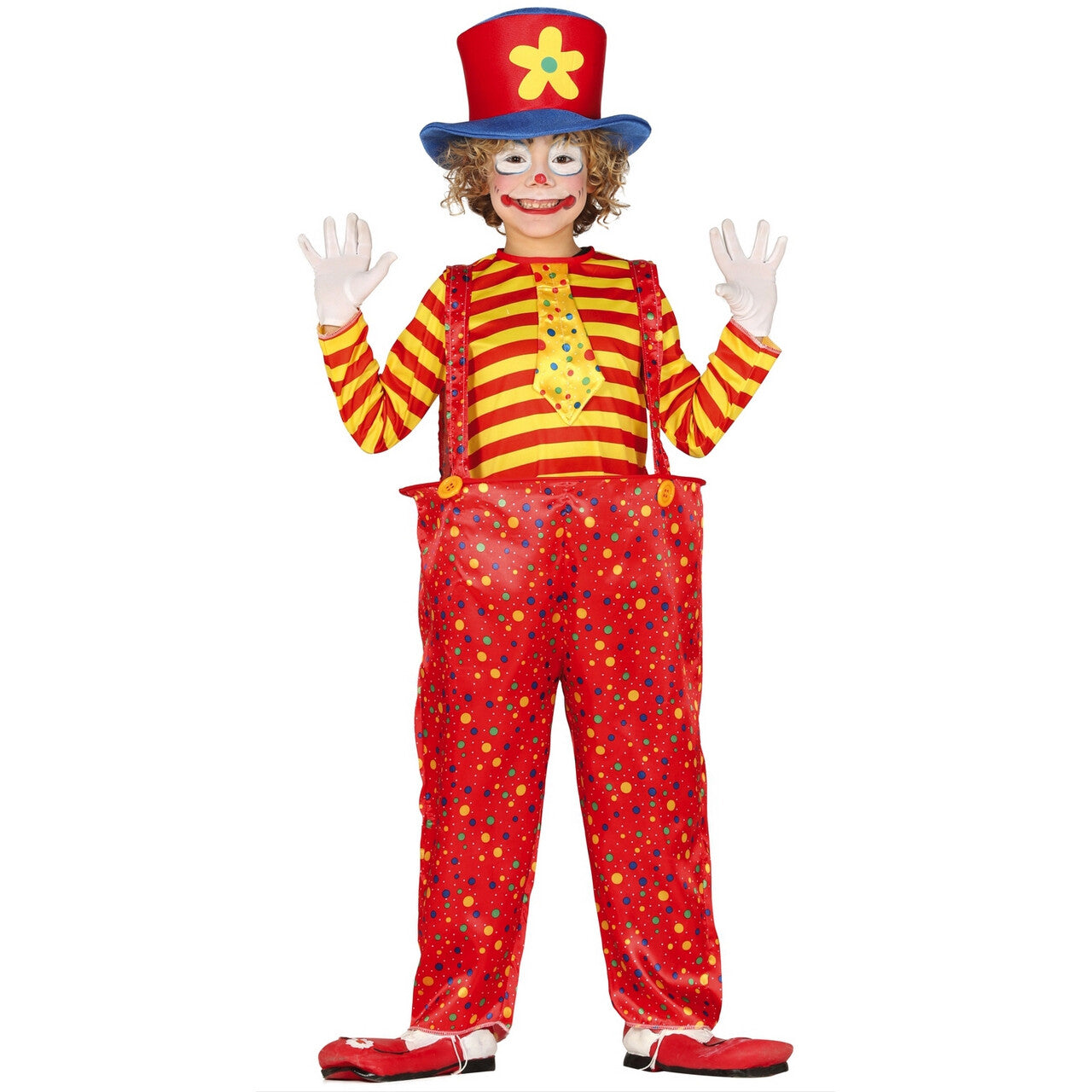 Op deze afbeelding zie je een Kostuums, van het merk Guirca. Confetti Douche Circus Clown Kind Kostuum