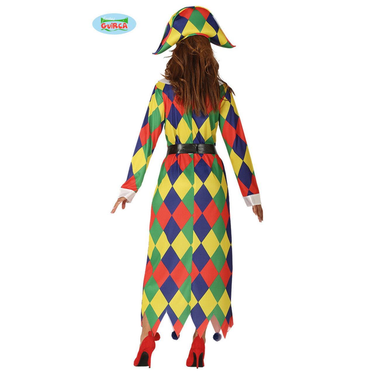 Op deze afbeelding zie je een Kostuums, van het merk Guirca. Kleurige Driehoekjes Harlekijn Vrouw Kostuum