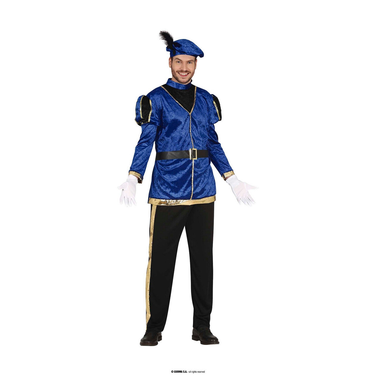 Op deze afbeelding zie je een Kostuums, van het merk Guirma. Blauwe Musketier Hulp Piet Man Kostuum