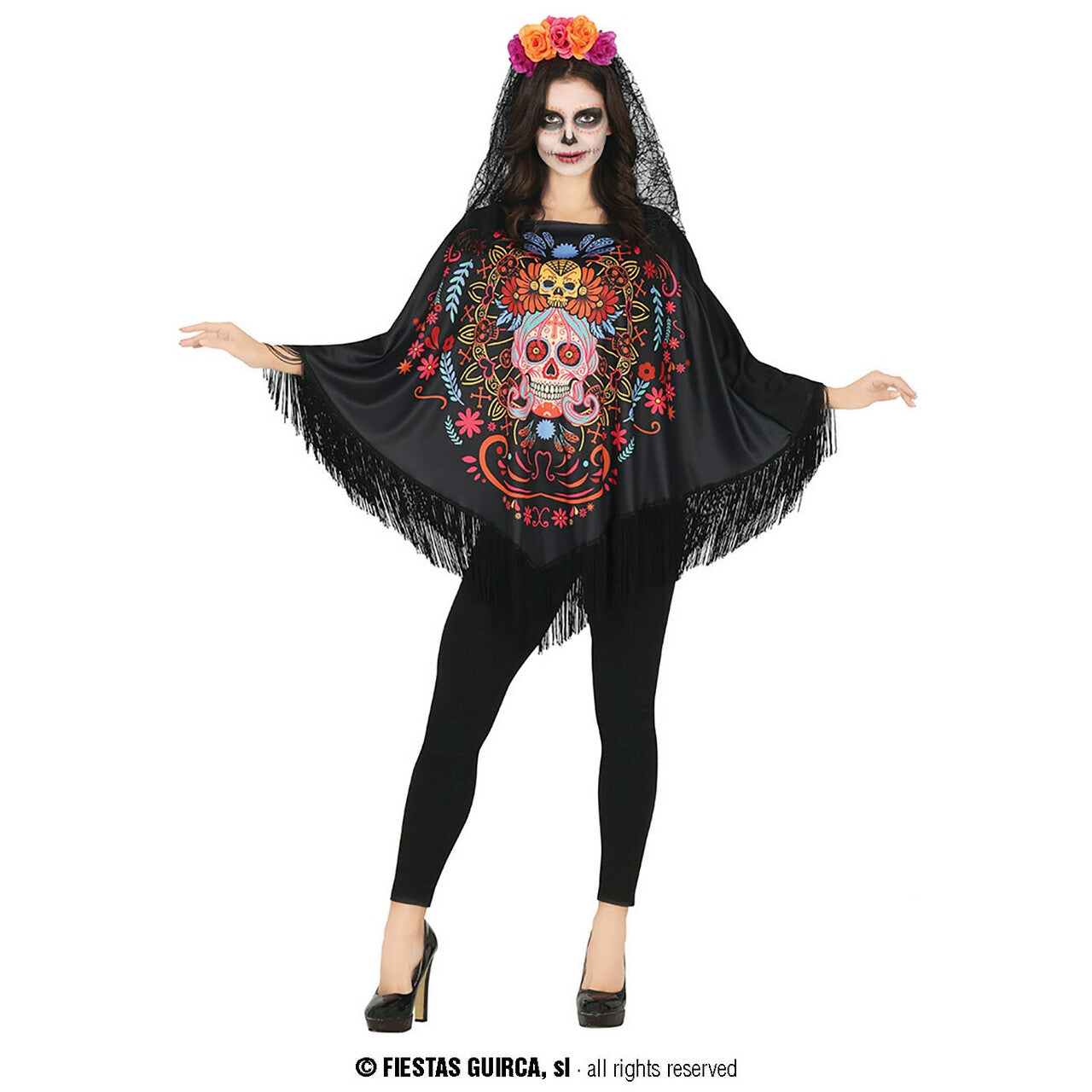 Op deze afbeelding zie je een Kostuums, van het merk Guirca. Mexicaanse Dag Van De Doden Poncho Vrouw Kostuum