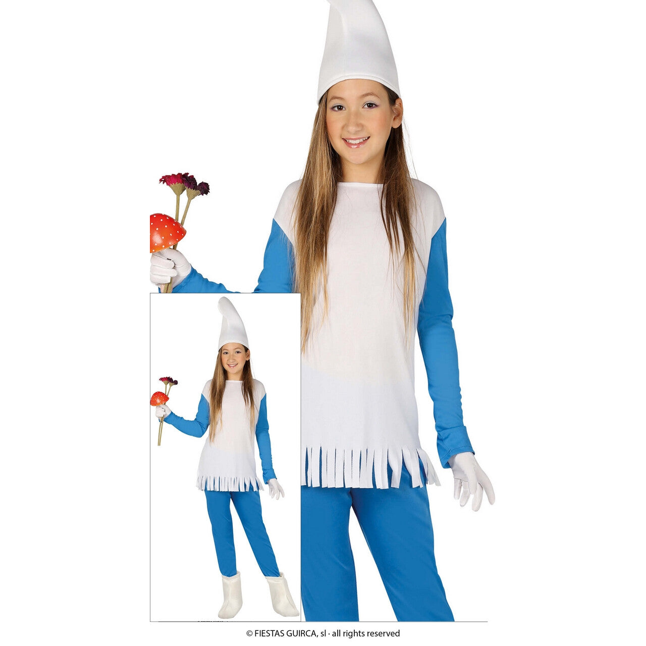 Op deze afbeelding zie je een Kostuums, van het merk Guirca. Smurfknappe Smurfin Meisje Kostuum