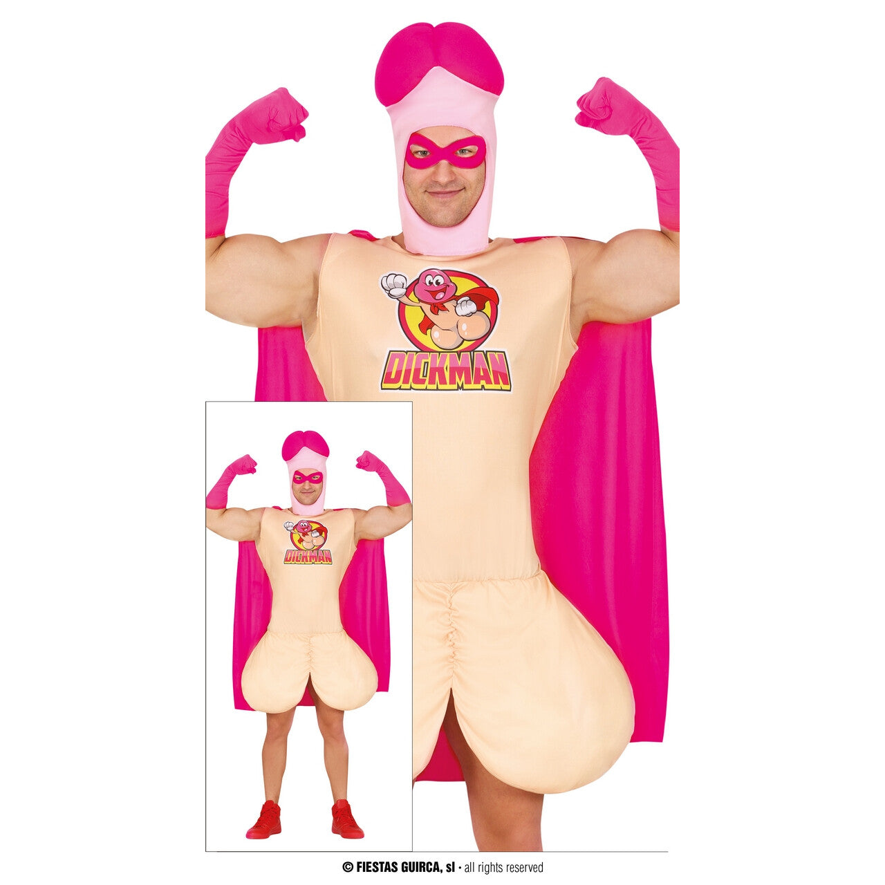 Op deze afbeelding zie je een Kostuums, van het merk Guirca. Roze Super Dickman Kostuum