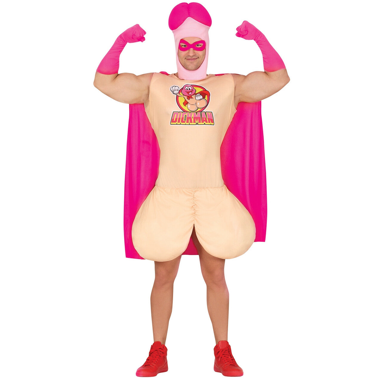 Op deze afbeelding zie je een Kostuums, van het merk Guirca. Roze Super Dickman Kostuum