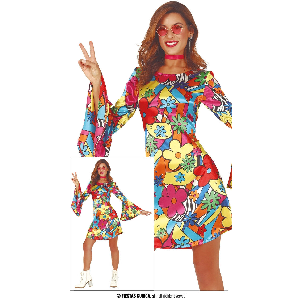 Op deze afbeelding zie je een Kostuums, van het merk Guirca. Veelkleurige Hippie Mellow Flower Vrouw Kostuum