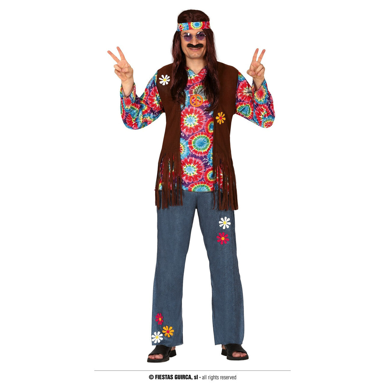 Op deze afbeelding zie je een Kostuums, van het merk Guirca. Hippie 70s Johnnie Flower Man Kostuum