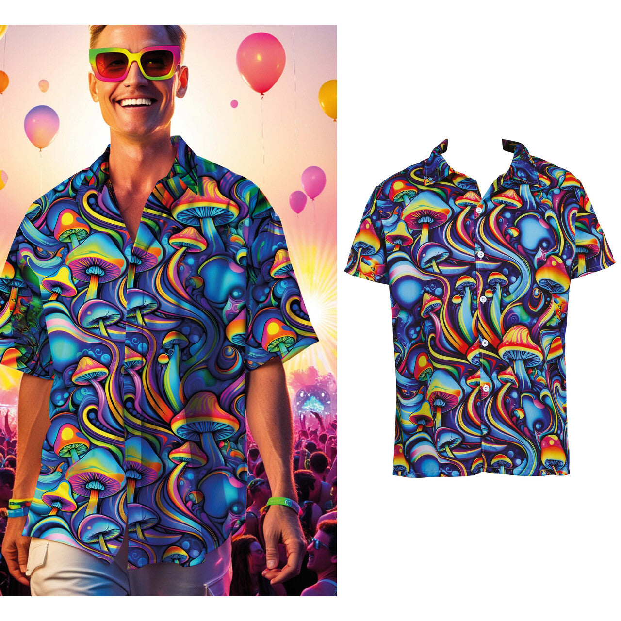 Op deze afbeelding zie je een Kostuums, van het merk Guirca. Funky Shrooms Shirt Man Kostuum