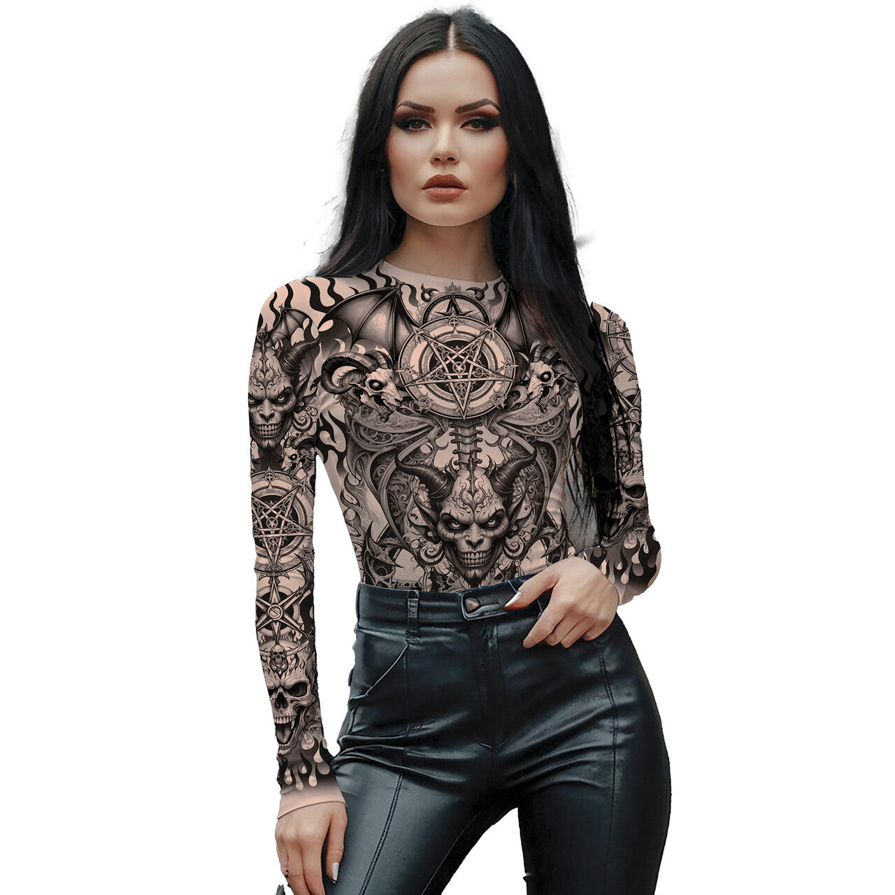 Op deze afbeelding zie je een Kostuums, van het merk Guirca. Duivelse Diva Tattoo Bodysuit Vrouw
