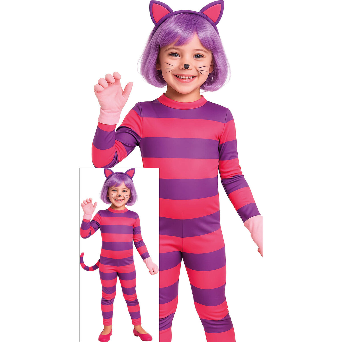 Op deze afbeelding zie je een Kostuums, van het merk Guirca. Alice In Wonderland Cheshire Cat Meisje