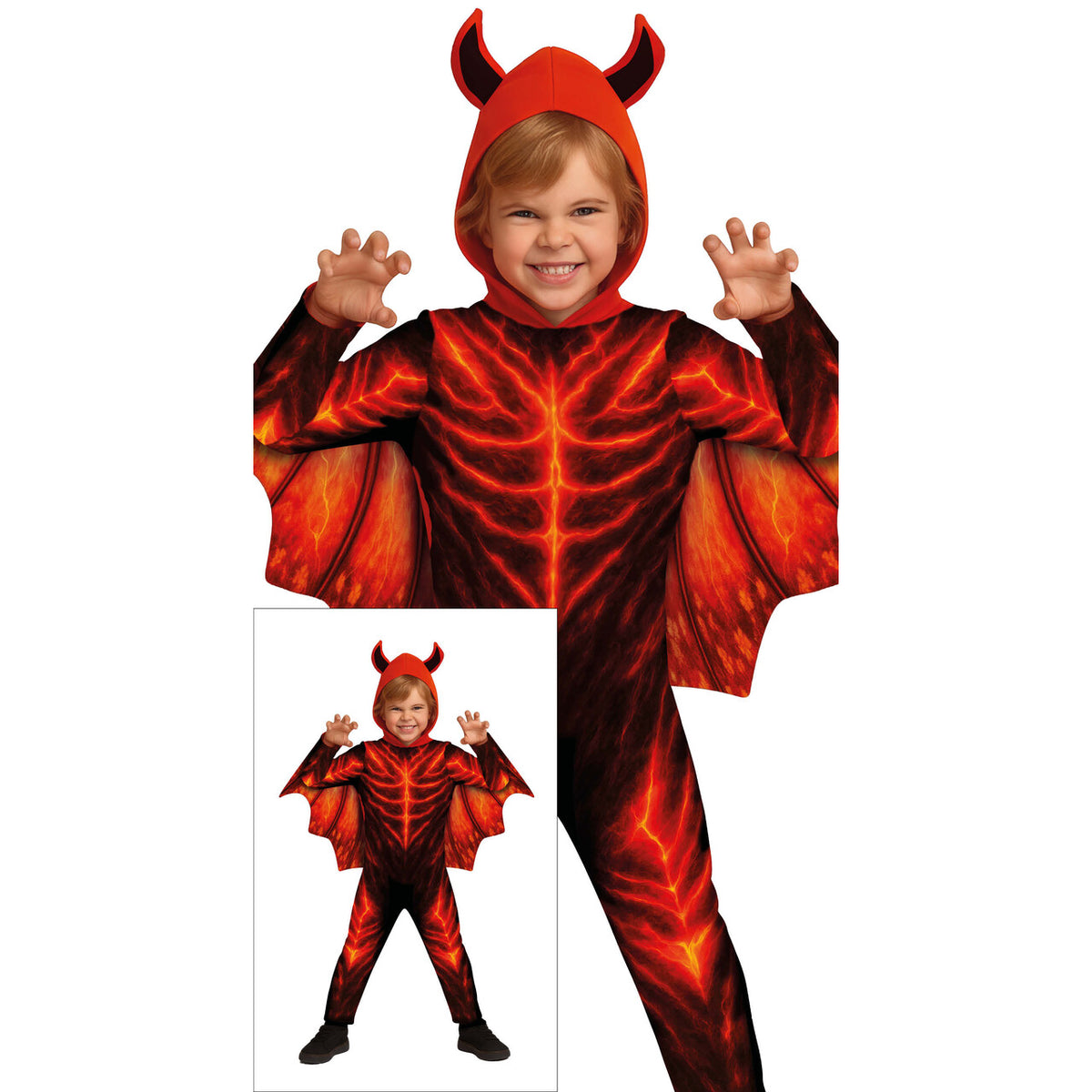 Op deze afbeelding zie je een Kostuums, van het merk Guirca. Vuur Demon Kind Kostuum