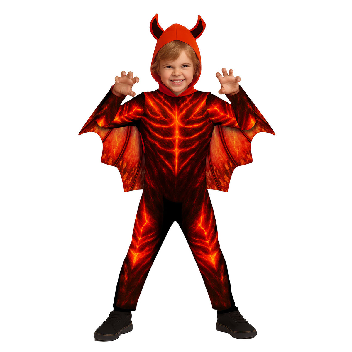 Op deze afbeelding zie je een Kostuums, van het merk Guirca. Vuur Demon Kind Kostuum
