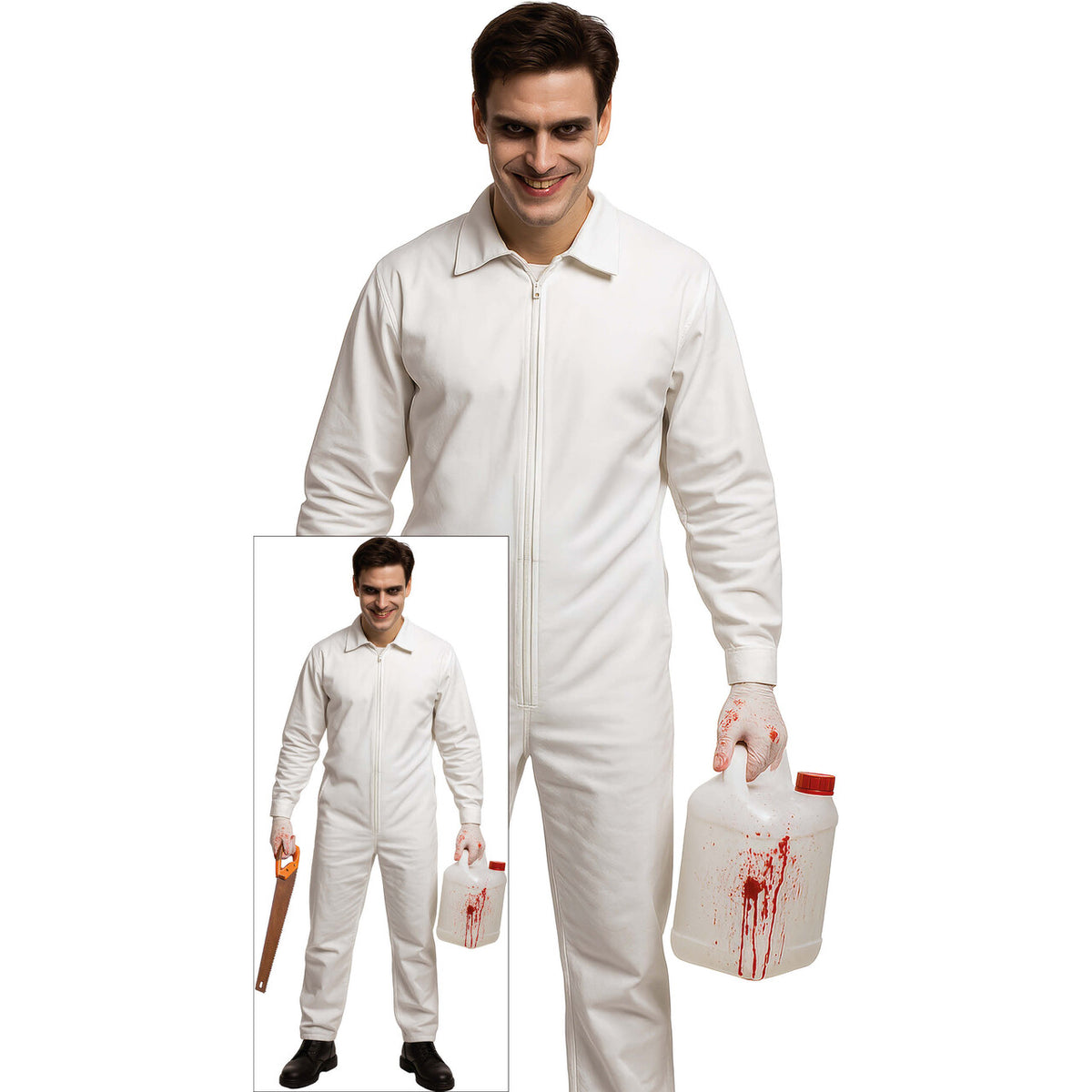 Op deze afbeelding zie je een Kostuums, van het merk Guirca. Witte Horror Jumpsuit Man Kostuum