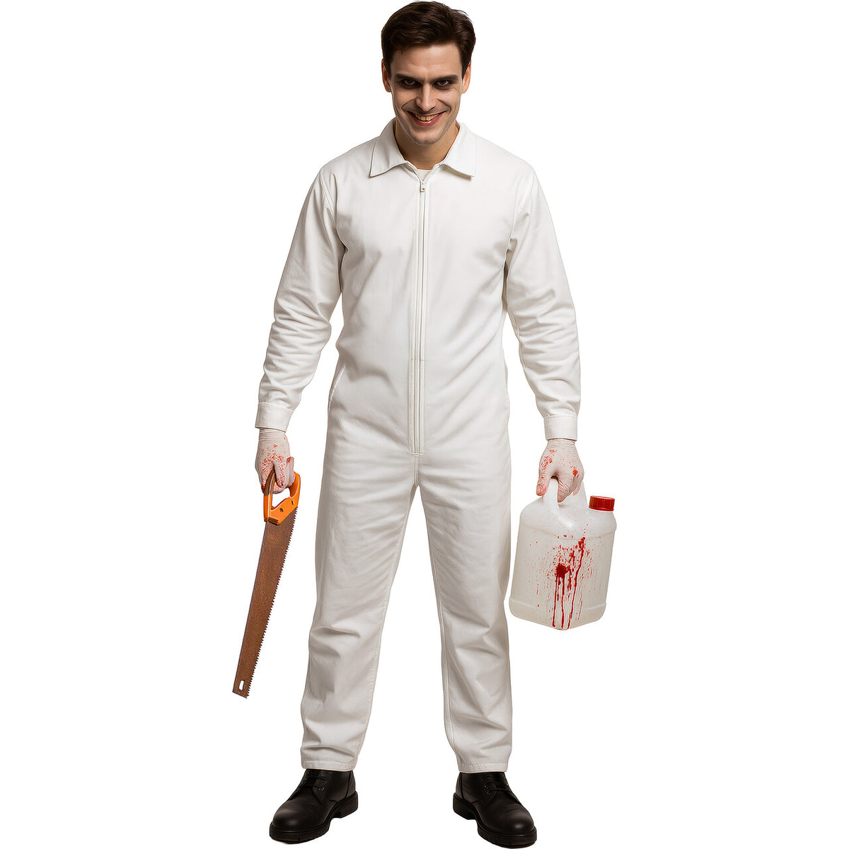 Op deze afbeelding zie je een Kostuums, van het merk Guirca. Witte Horror Jumpsuit Man Kostuum