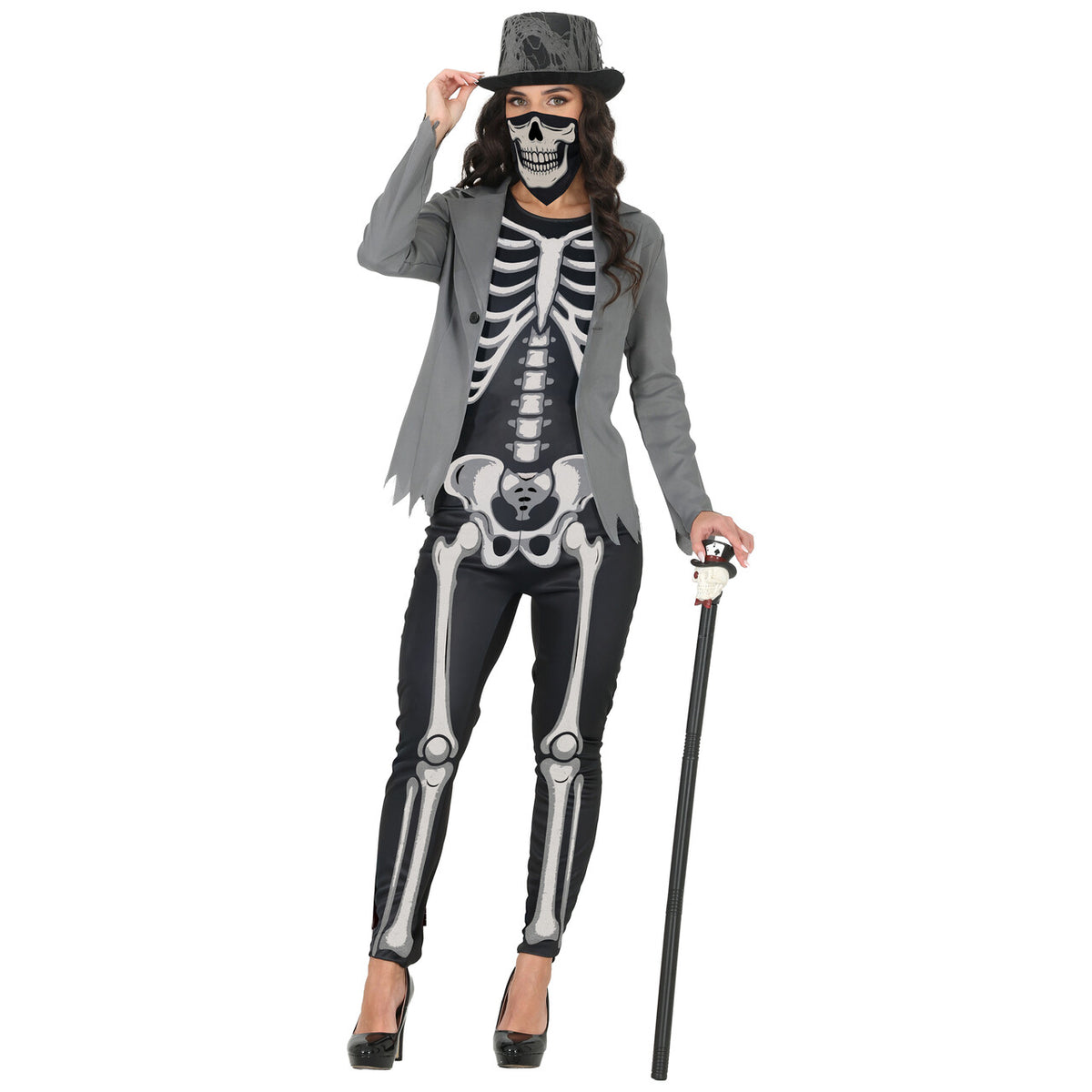 Op deze afbeelding zie je een Kostuums, van het merk Guirca. Miss Skeleton Grey Vrouw Kostuum