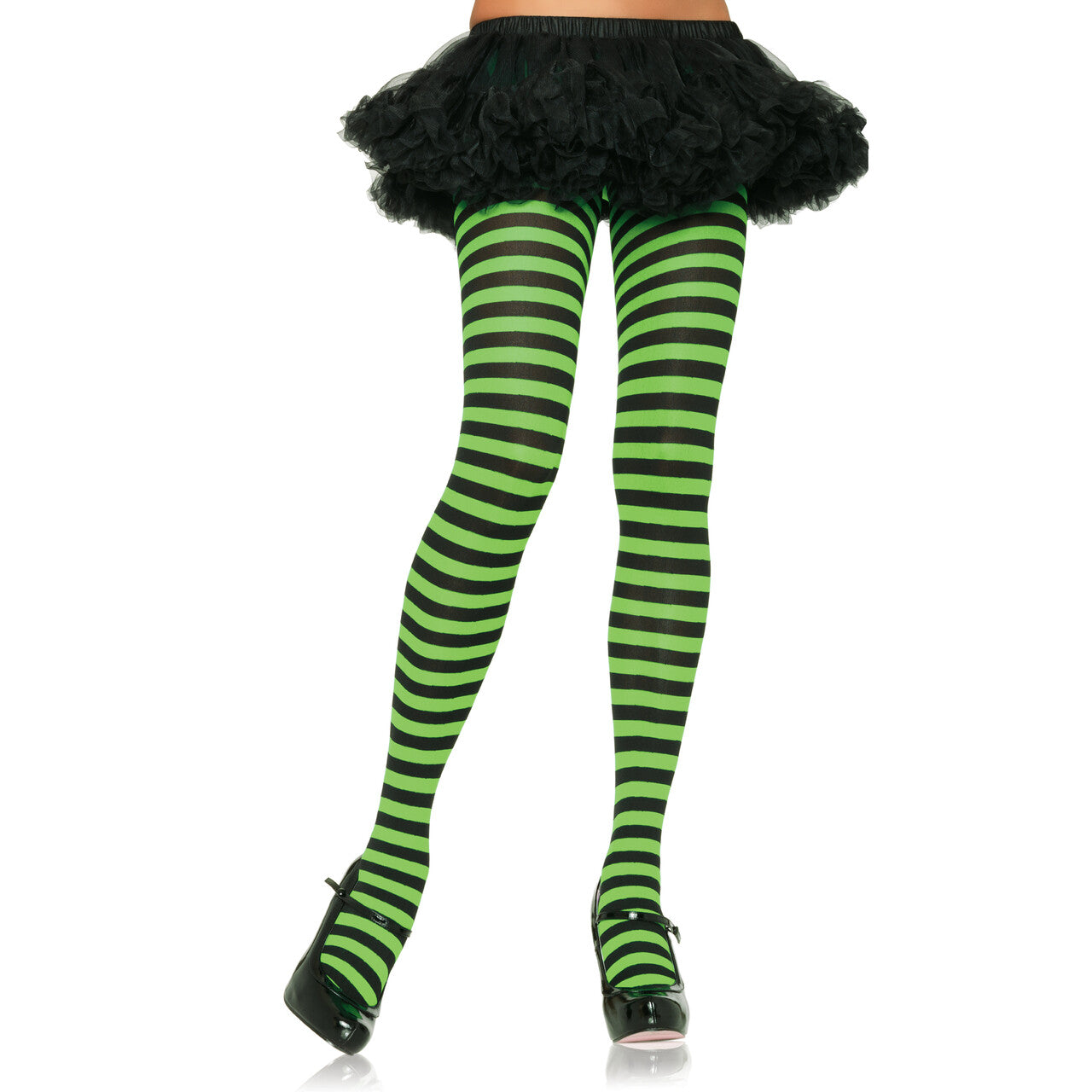 Op deze afbeelding zie je een Accessoires, van het merk Leg Avenue. Nylon Gestreepte Panty Neon Groen-Zwart