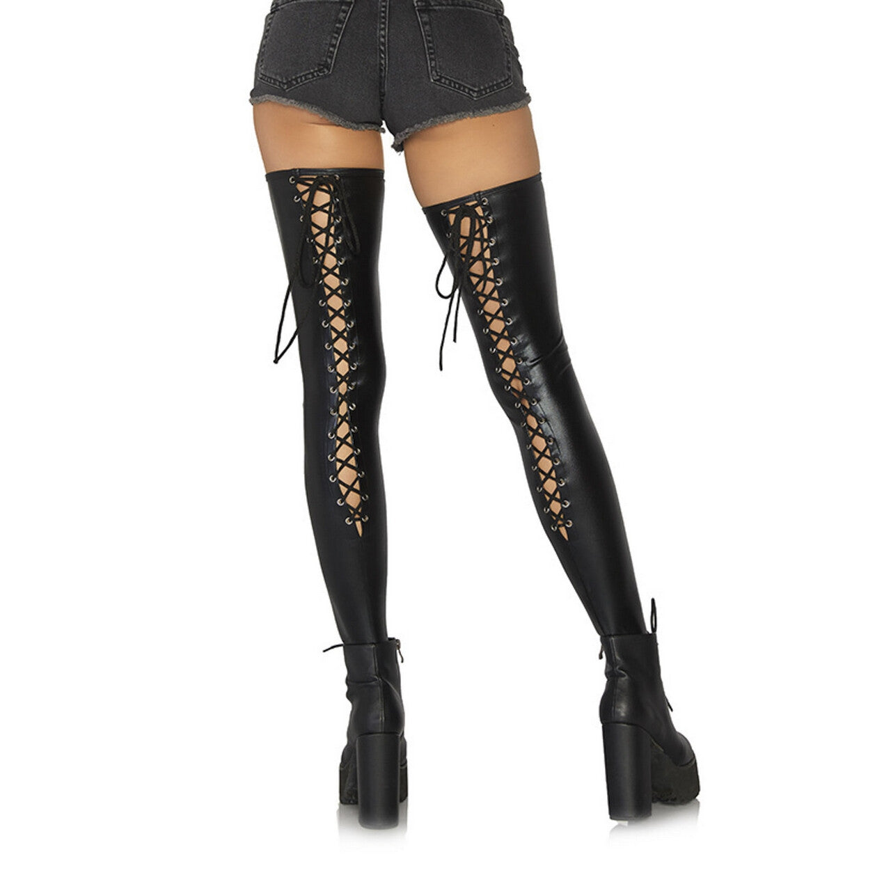 Op deze afbeelding zie je een Accessoires, van het merk Leg Avenue. Leder Look Veter Kousen Hard Rock Meesteres