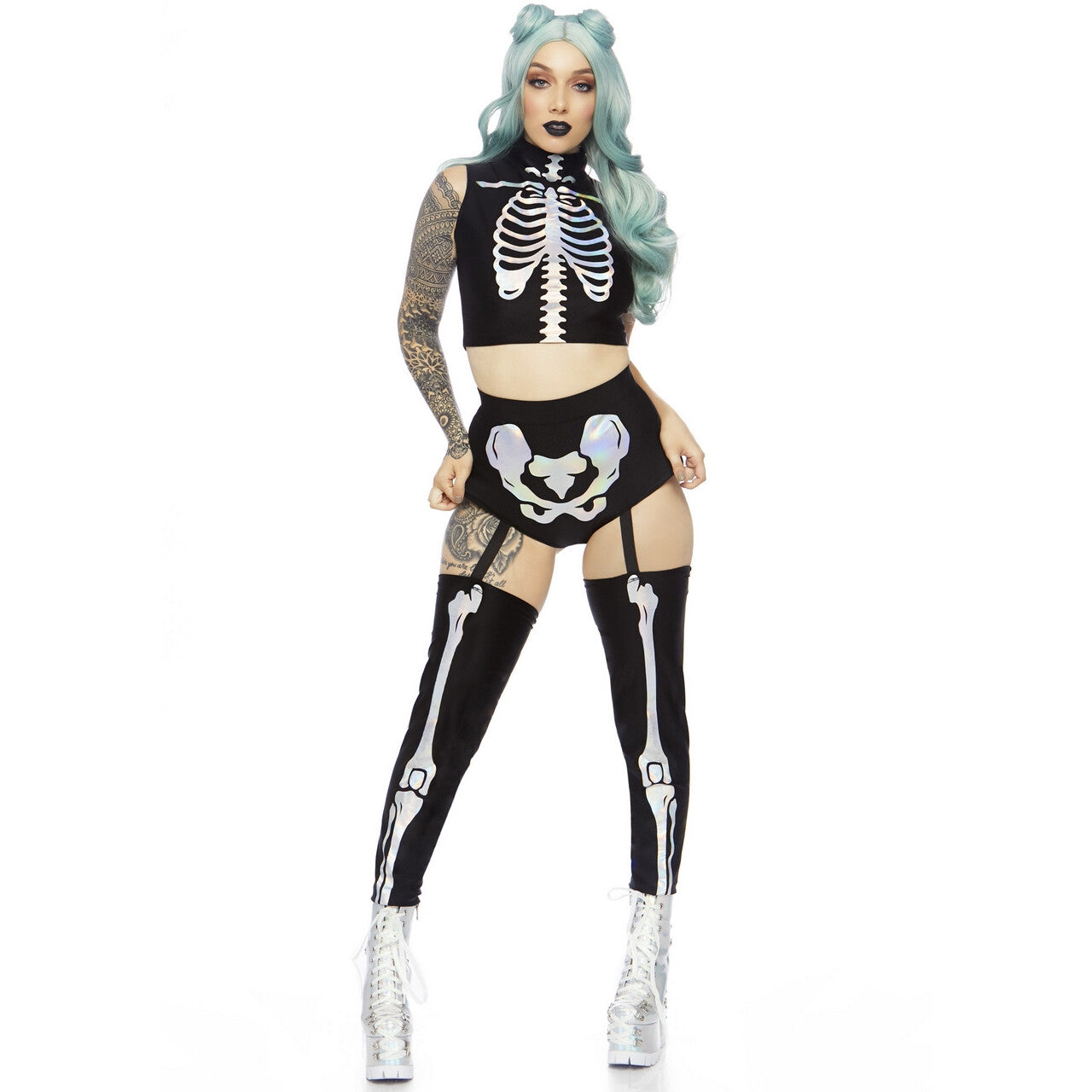 Op deze afbeelding zie je een Kostuums, van het merk Leg Avenue. Heerlijk Holografisch Halloween Skelet Vrouw Kostuum
