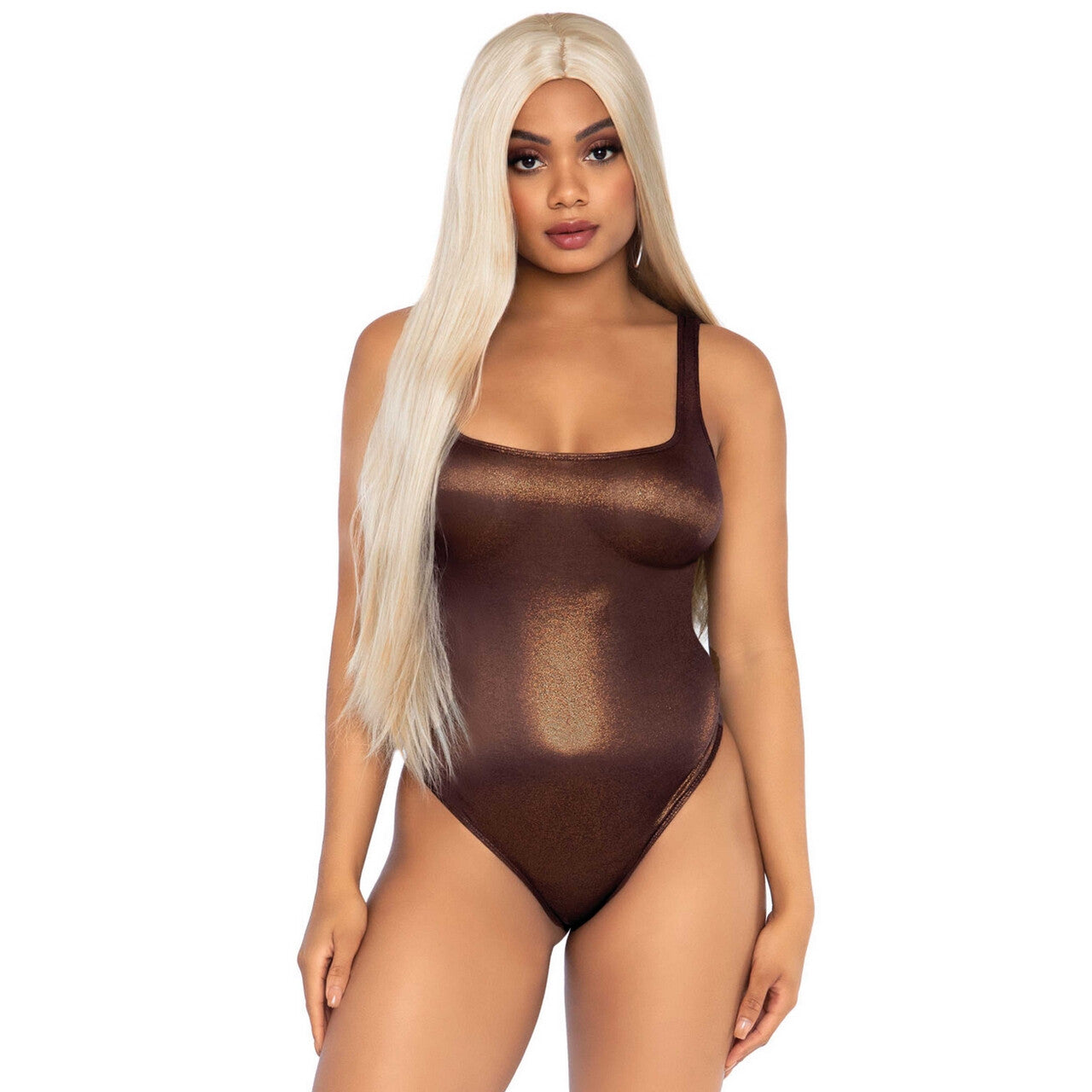 Op deze afbeelding zie je een Kostuums, van het merk Leg Avenue. Bronzen Spandex String Bodysuit Vrouw