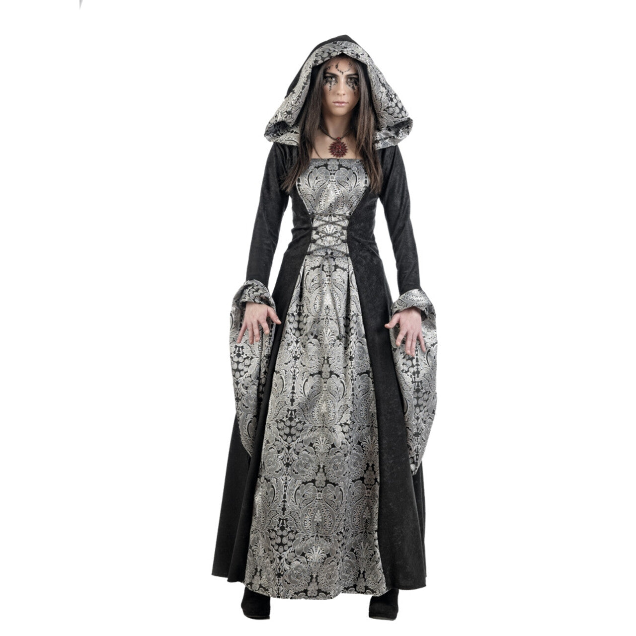 Op deze afbeelding zie je een Kostuums, van het merk Limit. Barones Zilver Brokaat Renaissance Vrouw Kostuum