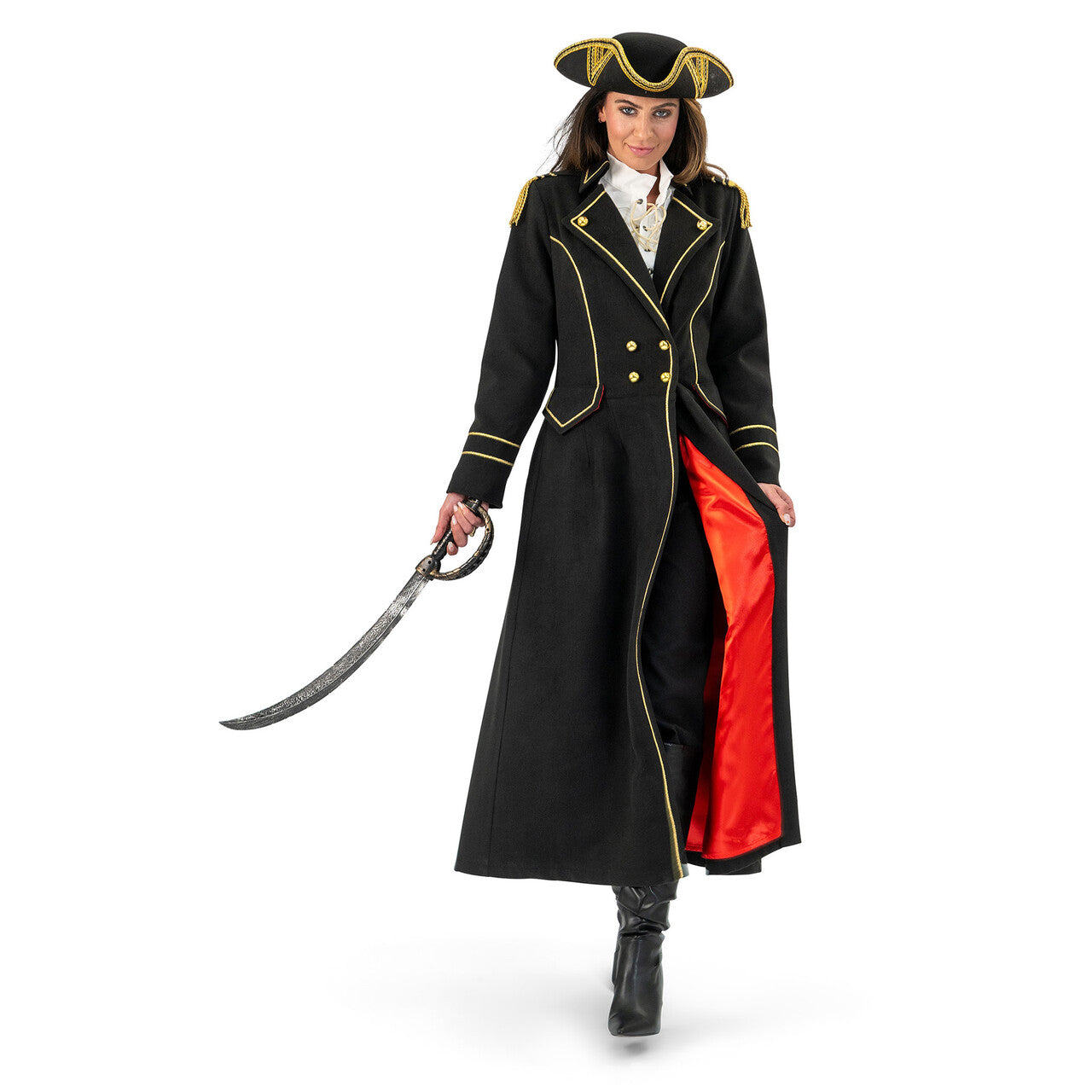 Op deze afbeelding zie je een Kostuums, van het merk Magic By Freddy's. Lange Piratenjas Kapitein Goldrush Vrouw Kostuum