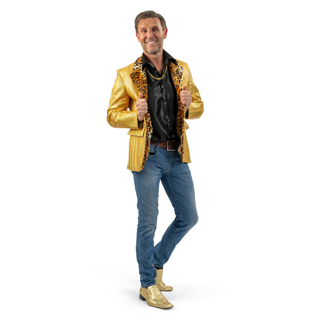 Op deze afbeelding zie je een Kostuums, van het merk Magic By Freddy's. Gouden Colbert Met Tijgerprint Man