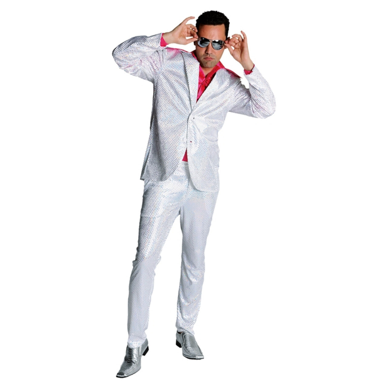 Op deze afbeelding zie je een Kostuums, van het merk Magic By Freddy's. Witte Wandelende Discobol Pailletten Man Kostuum