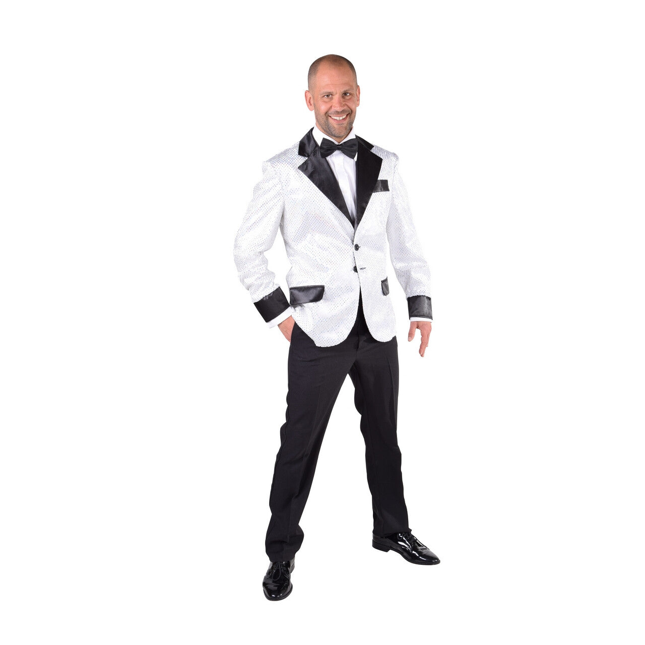 Op deze afbeelding zie je een Kostuums, van het merk Magic By Freddy's. Glitter Colbert Casino Royal Wit Man