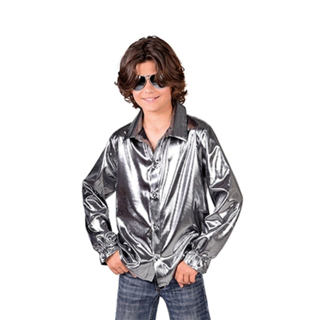 Op deze afbeelding zie je een Kostuums, van het merk Magic By Freddy's. Zilveren Glitter Folie Blouse Jongen