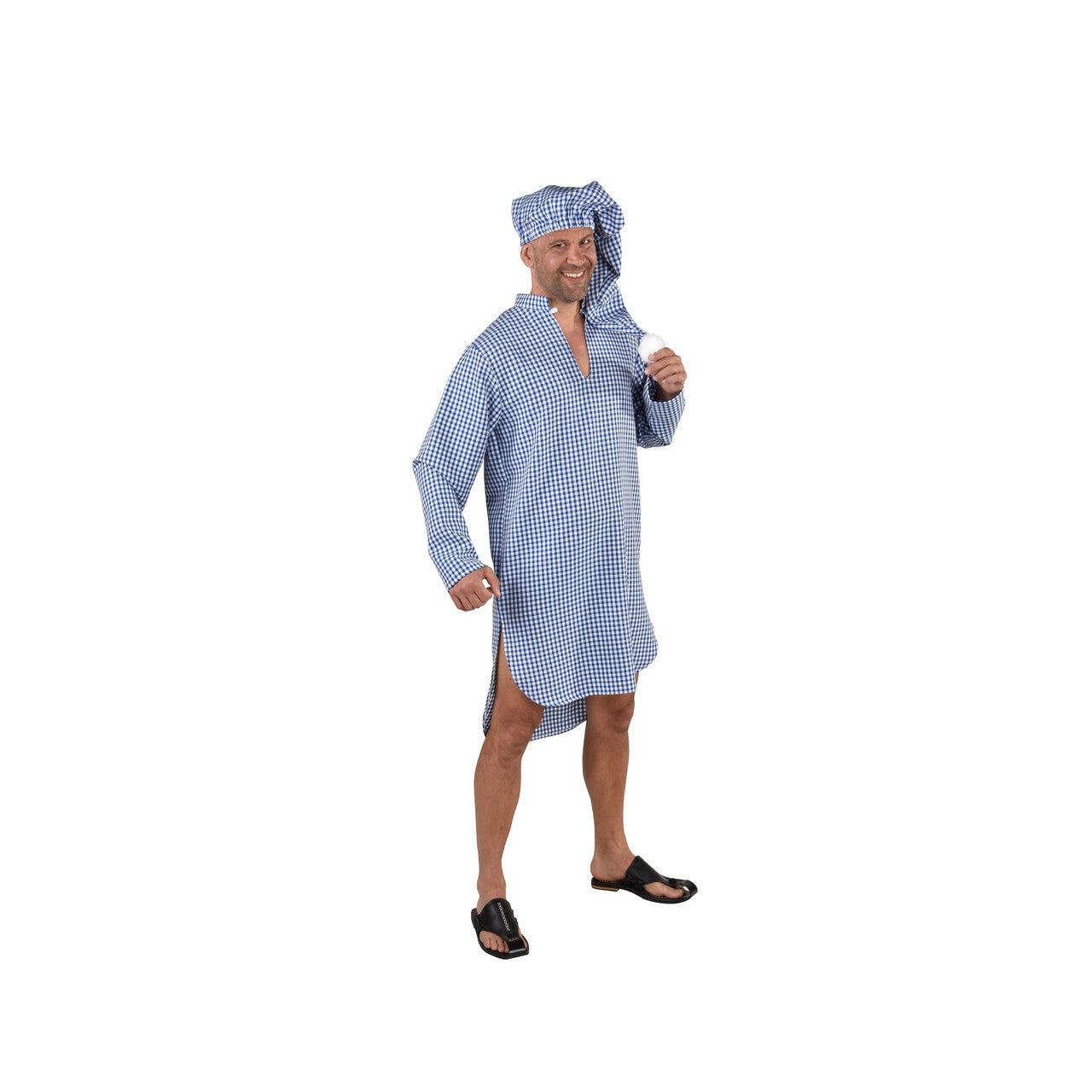 Op deze afbeelding zie je een Kostuums, van het merk Magic By Freddy's. Vader Jakob Nachthemd Met Slaapmuts Blauw Wit Geblokt Man Kostuum