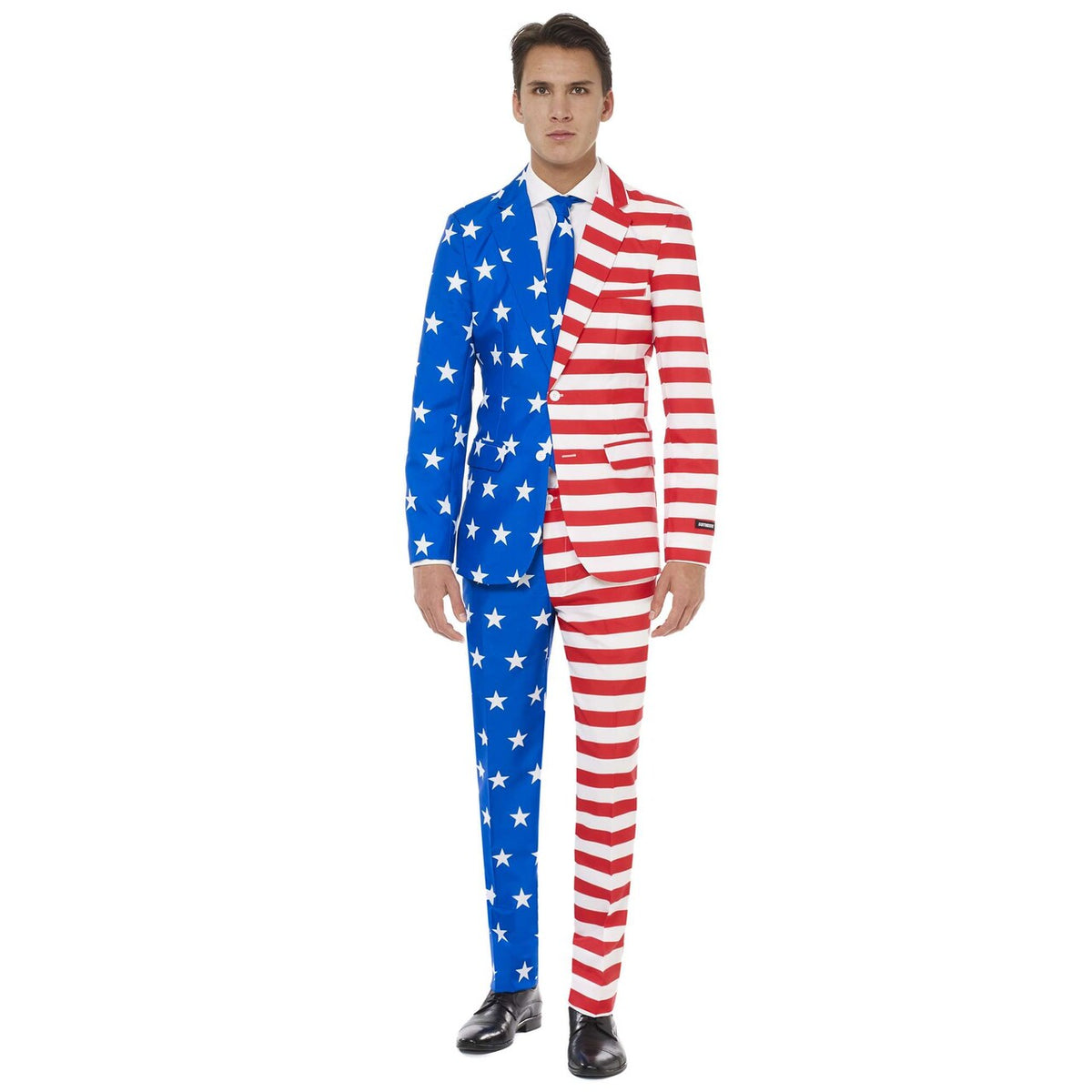 Op deze afbeelding zie je een Kostuums, van het merk Suitmeister. USA Flag Patriot Opposuit Man Kostuum