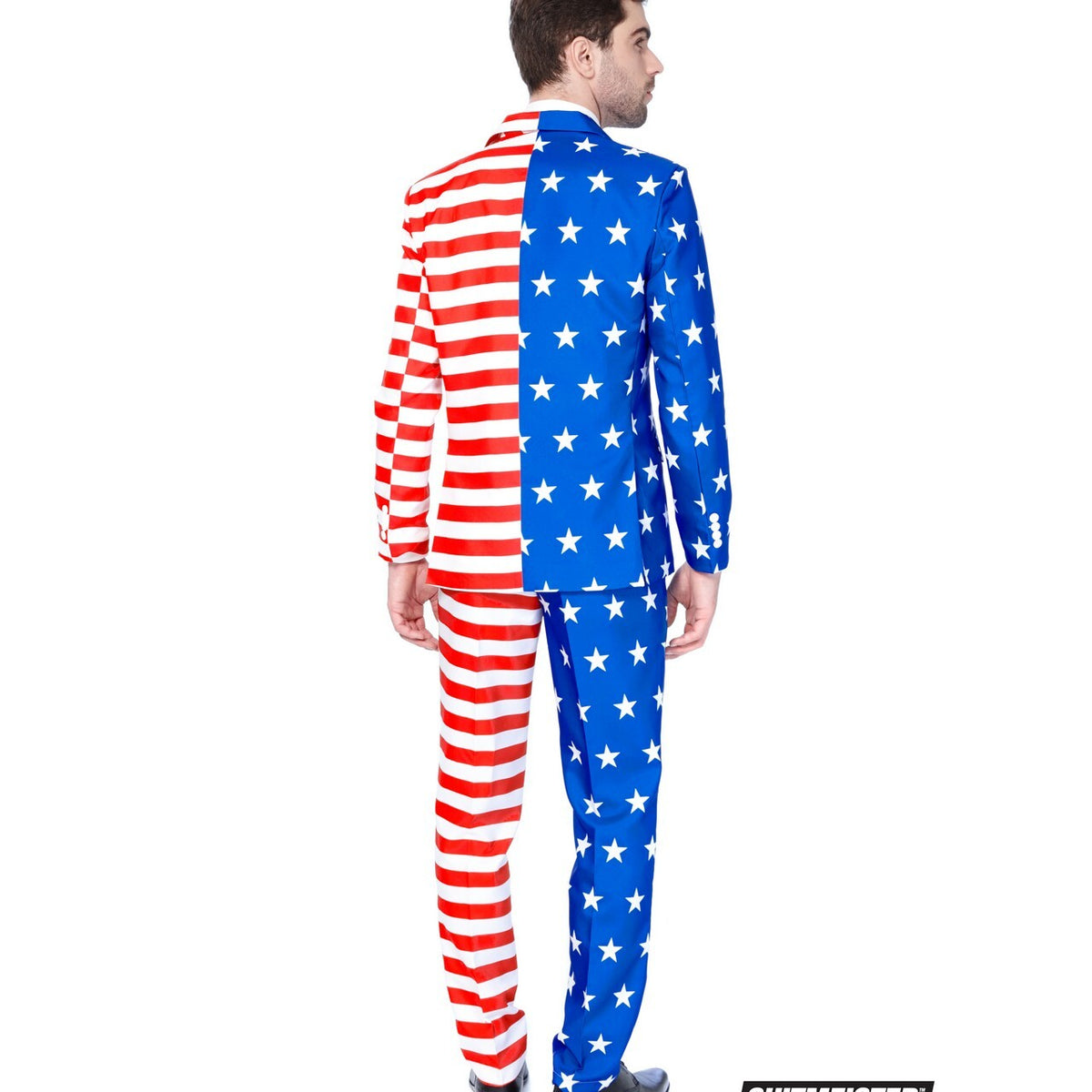 Op deze afbeelding zie je een Kostuums, van het merk Suitmeister. USA Flag Patriot Opposuit Man Kostuum