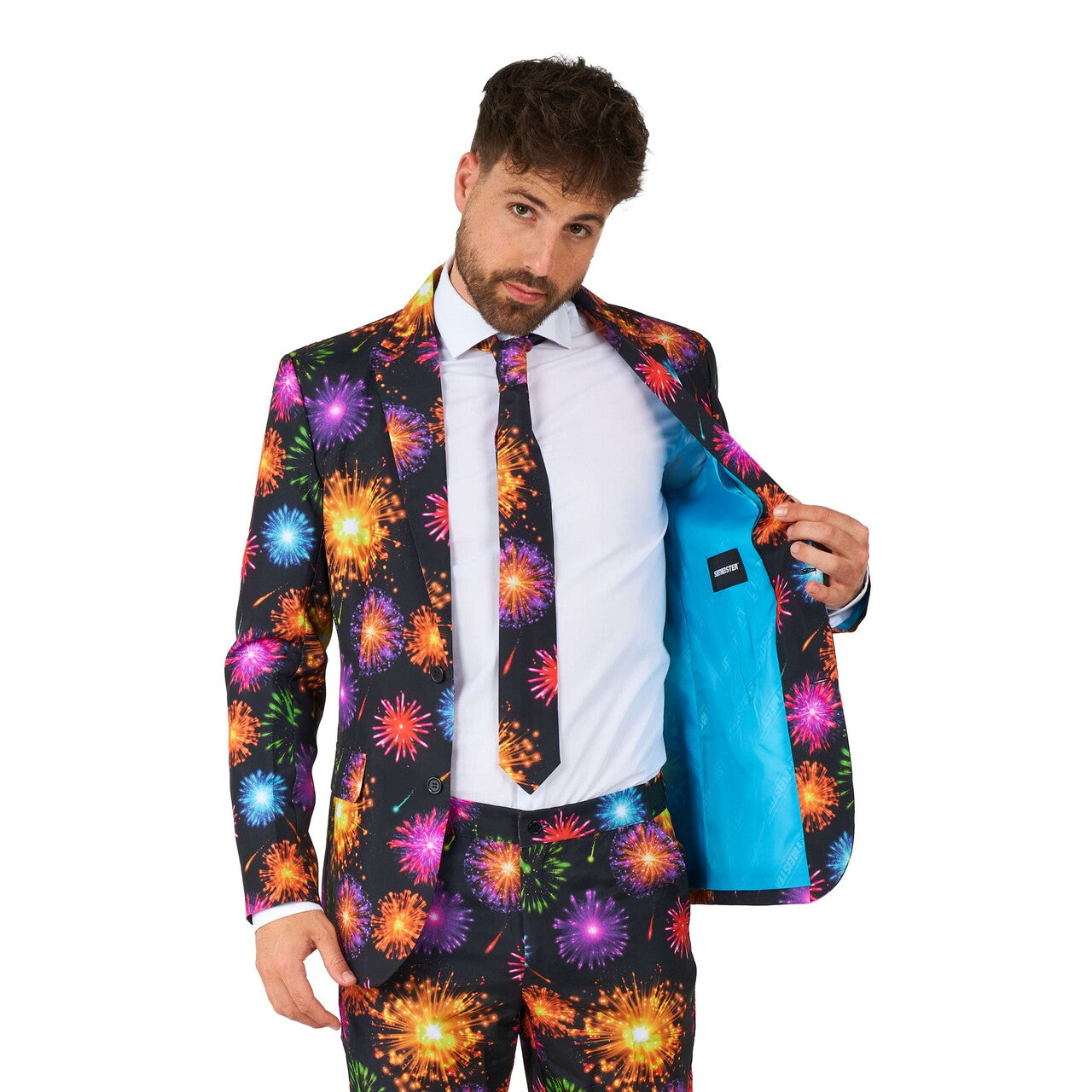 Op deze afbeelding zie je een Kostuums, van het merk Suitmeister. Fireworks Black Man Kostuum