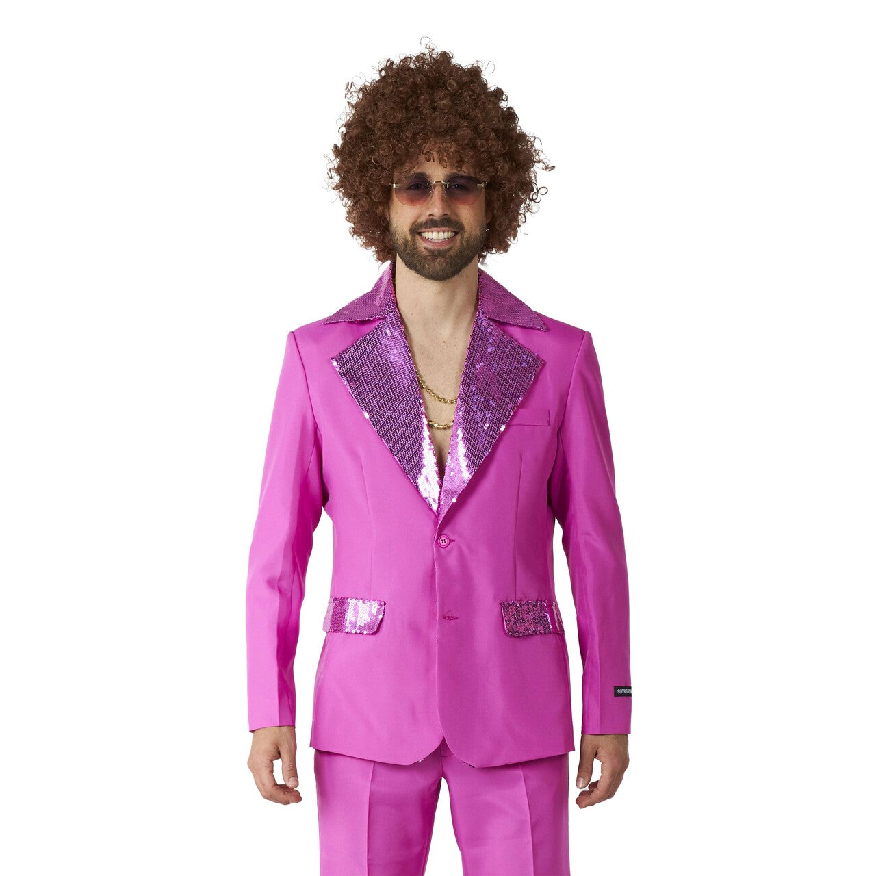 Op deze afbeelding zie je een Kostuums, van het merk Suitmeister. Disco Suit Pink Man Kostuum