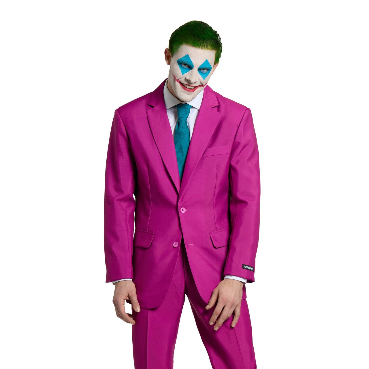 Op deze afbeelding zie je een Kostuums, van het merk Suitmeister. Chique Ruby Red Joker Man Kostuum