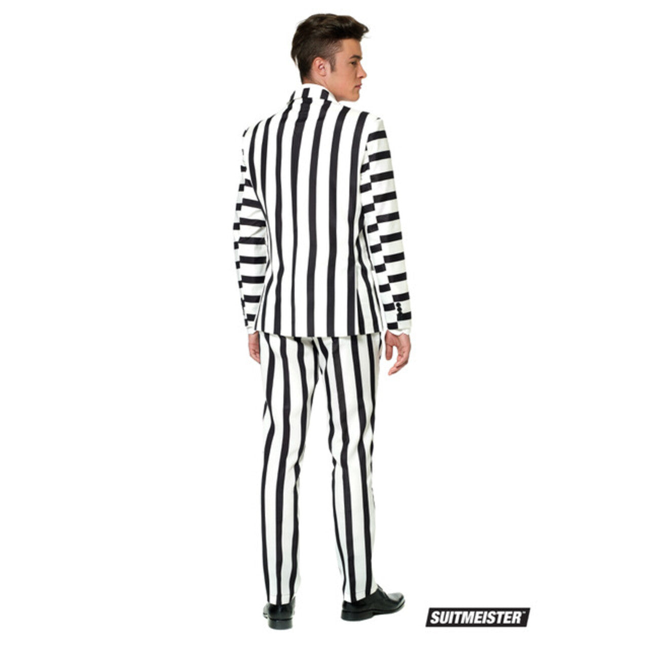Op deze afbeelding zie je een Kostuums, van het merk Suitmeister. Popart Striped Black White Suitmeister Man Kostuum