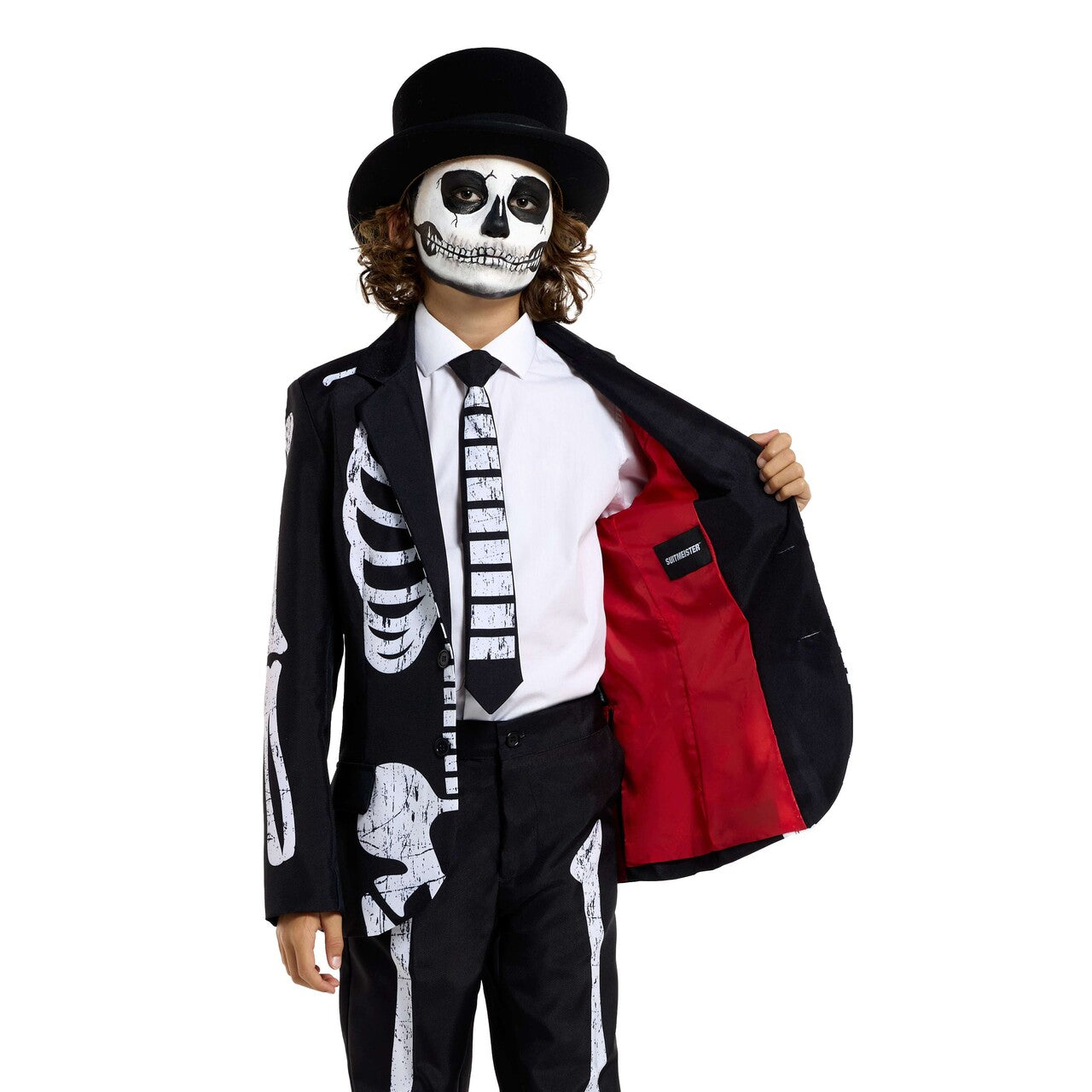 Op deze afbeelding zie je een Kostuums, van het merk Suitmeister. Boys Skeleton Grunge Black Jongen