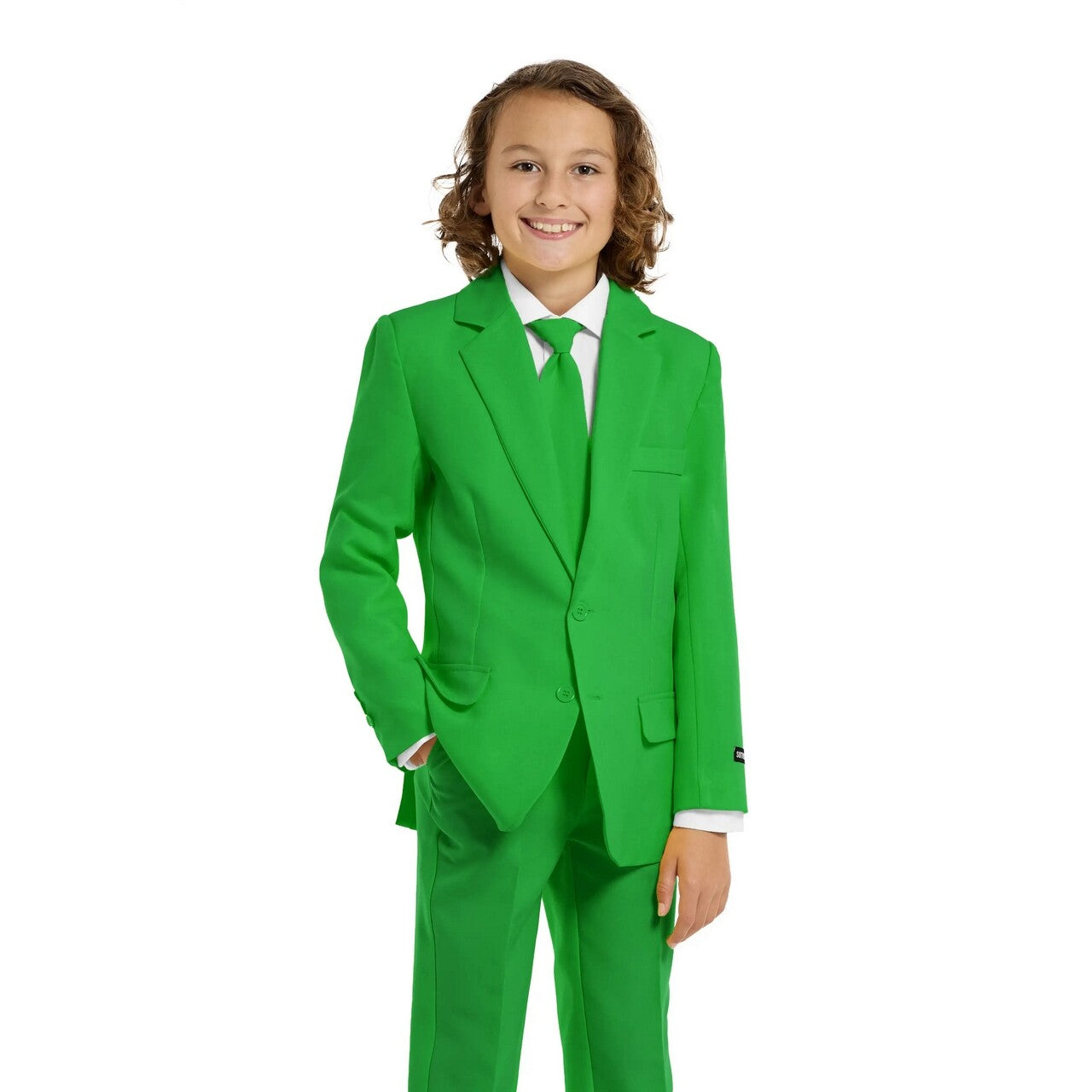 Op deze afbeelding zie je een Kostuums, van het merk Opposuits. Solid Grass Green Jongen Kostuum