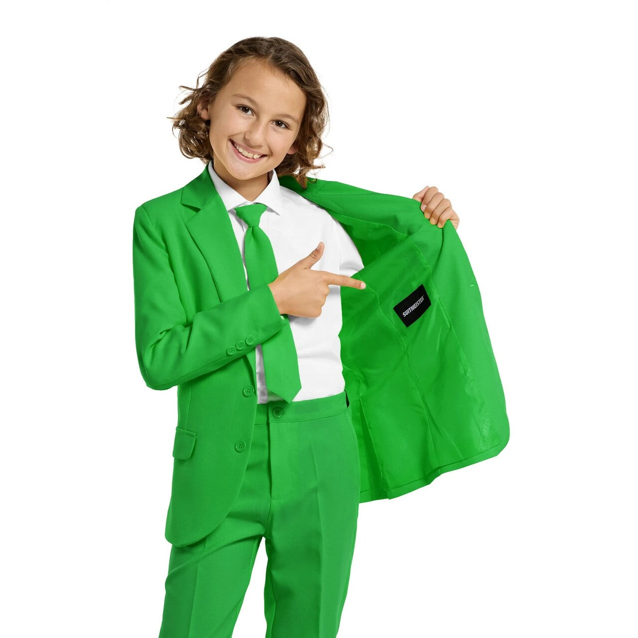 Op deze afbeelding zie je een Kostuums, van het merk Opposuits. Solid Grass Green Jongen Kostuum
