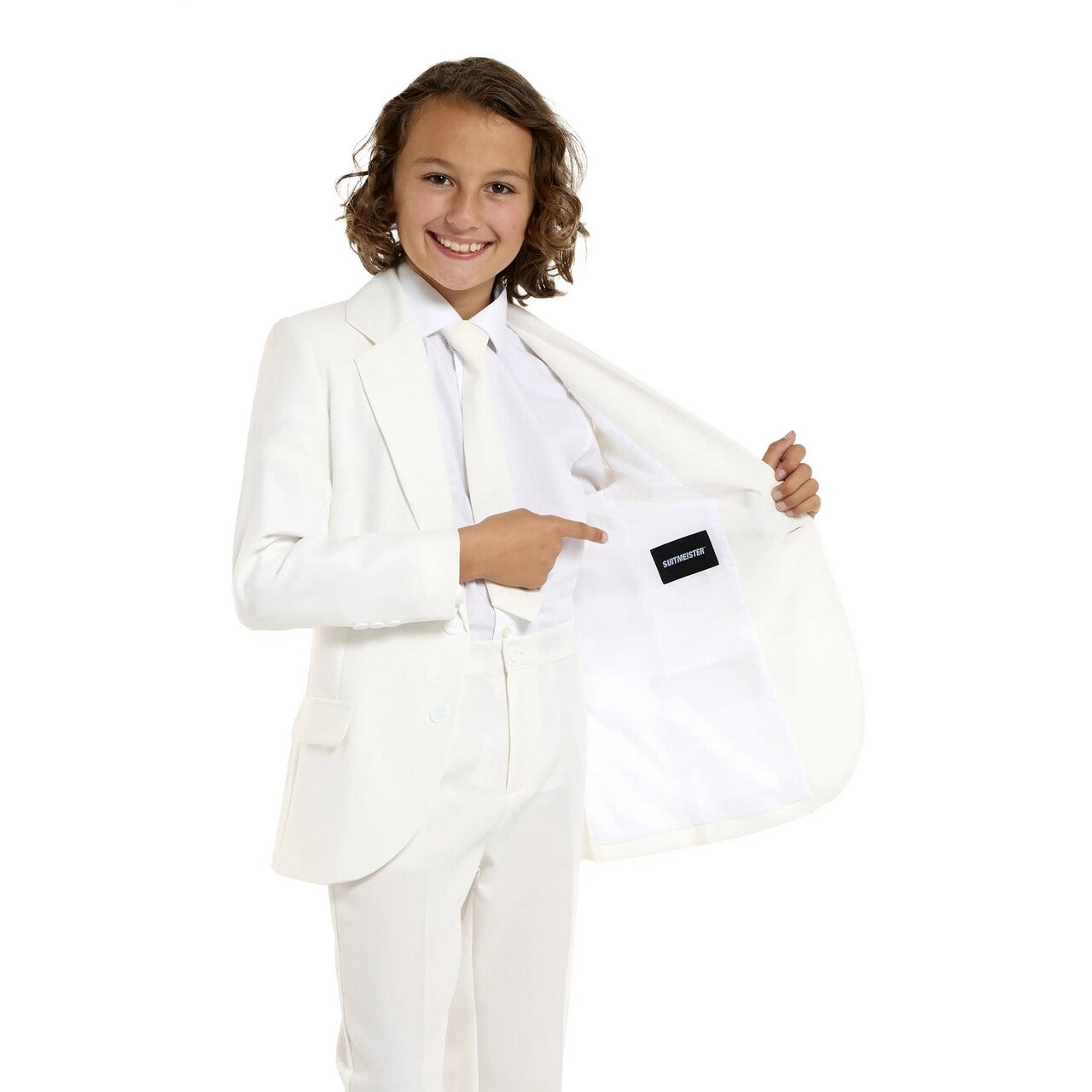 Op deze afbeelding zie je een Kostuums, van het merk Opposuits. Solid White Party Jongen Kostuum